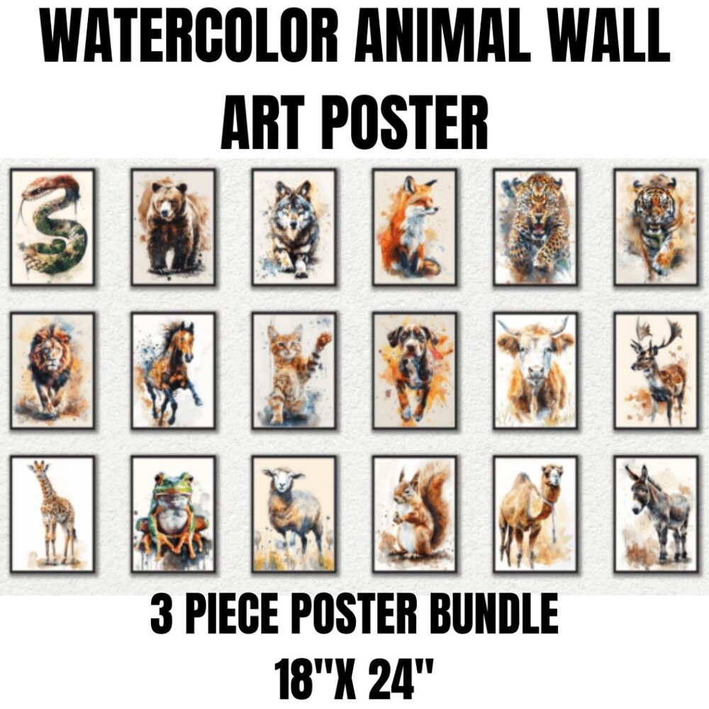 Watercolor Animal Wall Art – 3-Piece Poster Bundle (18"x24") 🦊🎨
